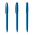 A set of three blue plastic pens with a smooth finish and a logo on one side.
