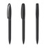 A set of three black plastic pens with a sleek design, featuring a clip and a branding logo.