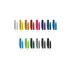 A collection of plastic pens in various colours, including red, blue, green, yellow, and black, with logo branding visible.