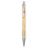A natural wood pen featuring a silver metal tip and clip, with a decorative pattern along the barrel.