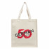 A beige tote bag featuring a logo with red and black text. It has two sturdy handles for easy carrying.