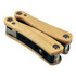 A compact knife with a wooden handle, featuring a black base and a variety of tool functions. It includes a logo.