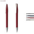 A red plastic pen with a silver clip and nib, accompanied by four other pens in various colours. It has a logo.