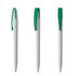 A set of three grey plastic pens with green clips, featuring a simple design and a logo.