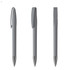 A set of three metal pens in grey with silver accents and clips, featuring a sleek design and brand logo.