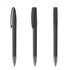 A set of three sleek metal pens in matte black with silver tips, featuring a discreet logo on each pen.