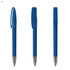 A transparent blue plastic pen with a silver tip and a clip, shown from three different angles.