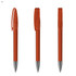 A transparent orange plastic pen with a silver tip, featuring a clip and an overall sleek design.