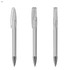 A pen featuring a transparent body with a black tip and clip, highlighting its sleek design. It includes a branding logo.