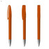 Three orange plastic pens displayed from different angles, featuring a silver tip and a clip, with a logo present.