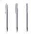 A set of three plastic pens in clear and silver, featuring a clip and a sleek design. Each pen has a logo.