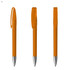 A set of three orange plastic pens with silver tips and clips, featuring a logo on the barrel.