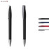 A black plastic pen with a silver clip, displayed from multiple angles, alongside coloured ink options. It features a logo.