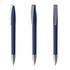 A blue plastic pen with a silver clip, displayed from three angles. The pen features a sleek design.