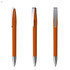 Metal pen with an orange barrel and chrome accents, shown from three different angles. Features a clip and smooth finish.