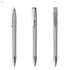 A metal pen in grey with a silver clip, displayed in three positions. It features a branding logo.