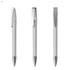 A metal pen in silver with a transparent barrel and a clip, displayed from three angles.