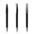 A black metal pen with a silver clip, showcased from three different angles. It features a sleek design.