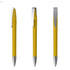 A metal pen in bright yellow with a silver clip and point, displayed from three different angles.