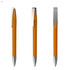 An orange metal pen with a silver clip, displayed from three different angles.