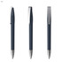 A set of three metal pens with a soft grip in navy blue and silver accents, featuring a logo on the barrel.