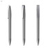 A metal pen with a soft grey grip and silver accents, featuring a clip and a shiny tip.