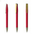 A red metal pen with a gold clip, displayed in three orientations. The pen features a smooth design with a shiny finish.