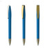 A set of three blue metal pens with gold accents, featuring a clip and a sleek design.