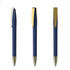 A set of blue metal pens featuring gold accents and clips, shown from three different angles.