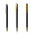 A metal pen with a sleek dark grey body and gold accents, featuring a clip and a glossy finish.