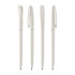 A set of four white plastic pens with clips, featuring a simple design and branding.