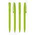 Four bright green plastic pens arranged in a row, featuring a clip and smooth writing tip. Each pen has a simple design.