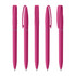 Five pink plastic pens arranged in a row, each with a clip and a branding logo on the barrel.