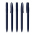A collection of navy blue plastic pens with clips and a branding logo featured on the side.