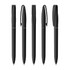 A range of five black plastic pens with clips, featuring a logo on the barrels.
