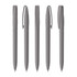 Five grey plastic pens lined up, each with a clip, featuring a minimalist design and a logo on one.