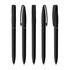 A collection of five black plastic pens with clips, featuring a minimalist design and a logo on some.