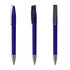 A metal pen in blue with silver accents, featuring a clip and a smooth design. The product has a logo.