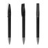 A sleek black metal pen with a shiny silver clip, displayed from three different angles.