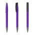 A purple metal pen featuring a sleek design and a clip. The pen has a shiny silver tip and accents.