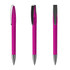 A metal pen in vibrant pink with a sleek design and a clip for convenience. It features a silver tip and accents.