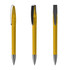 A metal pen in vibrant yellow with a sleek design and a silver clip, featuring a logo on its surface.