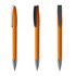 An orange metal pen with a textured grip and a chrome clip, shown from three angles.