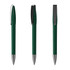 A green metal pen with a textured grip and silver accents, displayed from multiple angles. Features a logo.