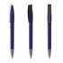 A high gloss metal pen featuring a textured navy blue grip and a sleek silver nib. Includes a branded logo.