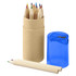 A tube containing coloured pencils in various shades, next to a blue sharpener and two individual pencils.