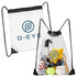 A clear drawstring bag with black trim contains various items, including a drink bottle and sports equipment.