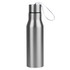 A drink bottle in silver metal with a sleek design and a carrying strap. Features a branding logo.