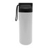 A drink bottle in white with a black lid and strap, featuring a logo.