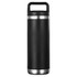 A drink bottle in black with a stainless steel base and a handle, featuring a simple design and a logo.